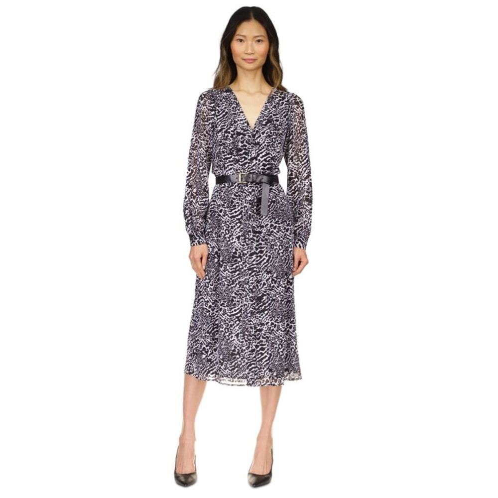 Michael Kors Womens Ocelot Kate Printed Belted Flounce Dress, Black, Petite, ...